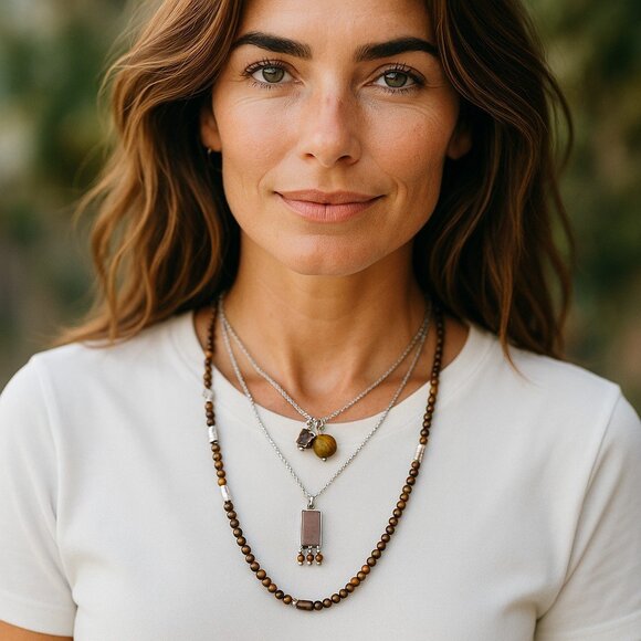 J. Jill Multi Strand Tigers Eye Beaded Necklace Mixed Silver Tone Hammered Boho - Picture 1 of 12